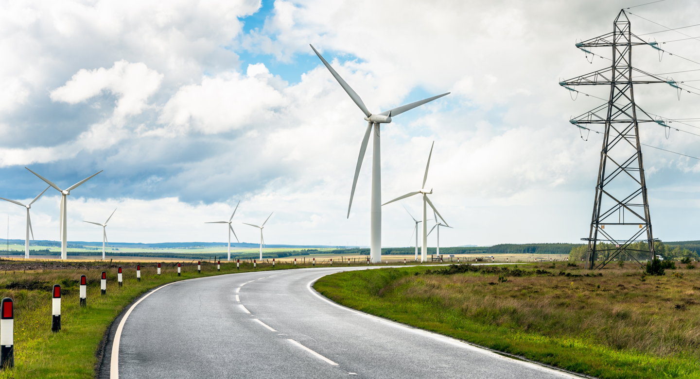 Country road through wind farm